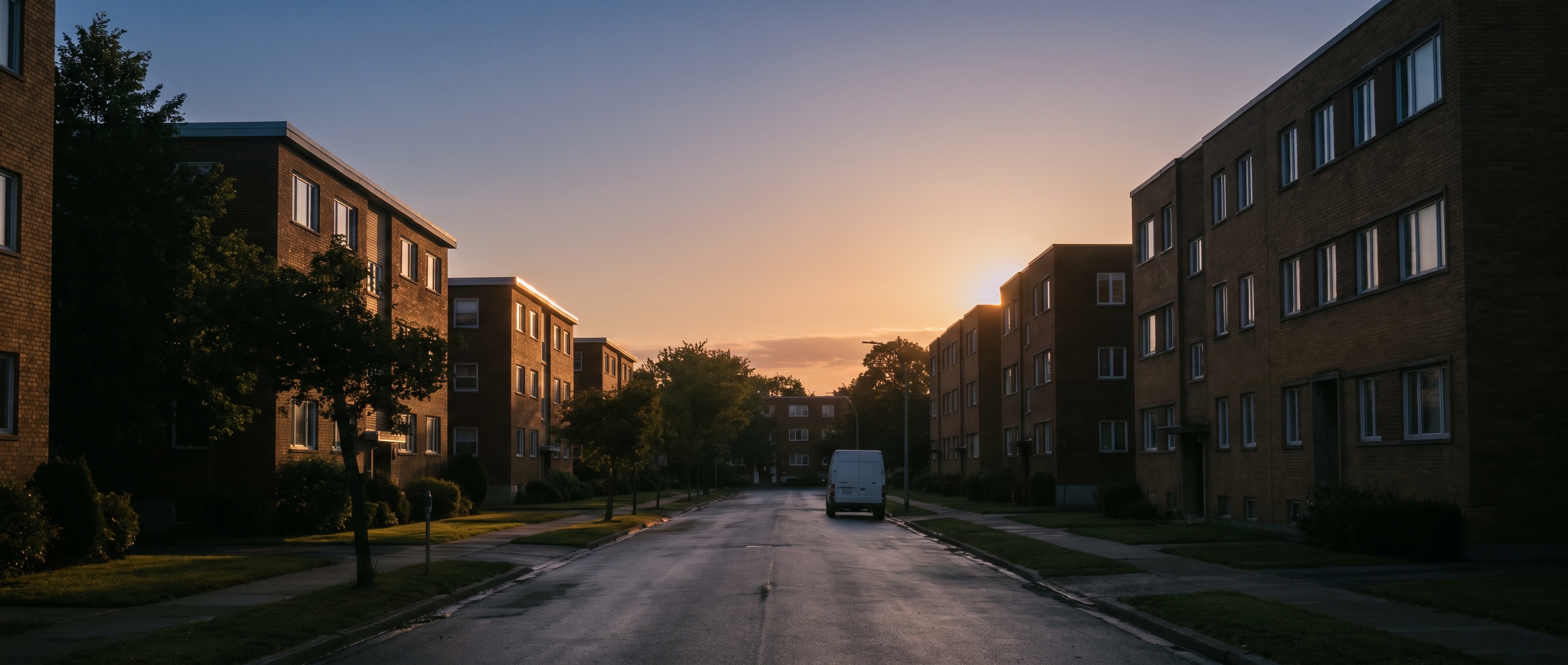 First light over a quiet street of apartment buildings — a contractor's van already on its way