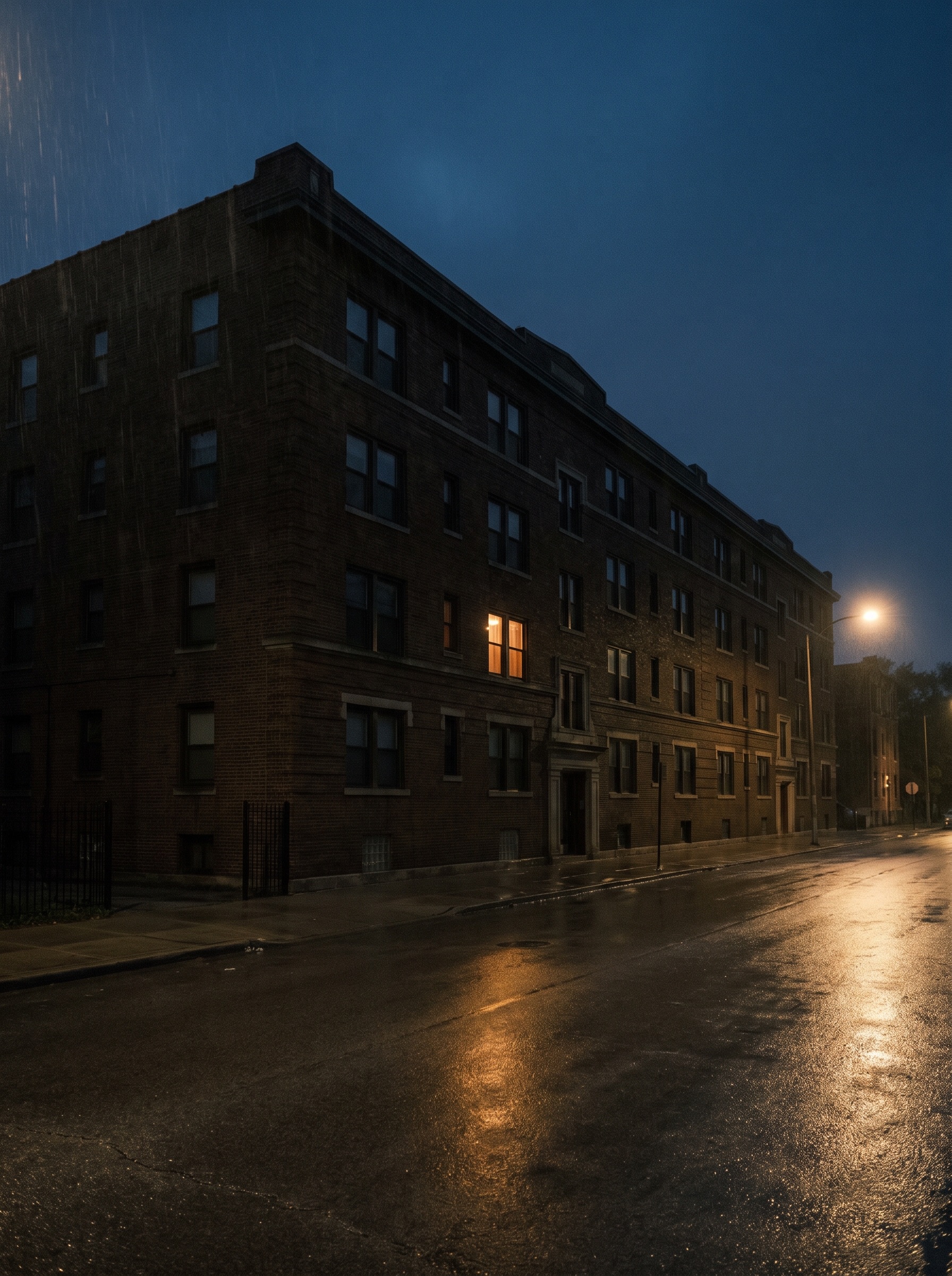 A brick apartment building late at night, every window dark except one, warmly lit
